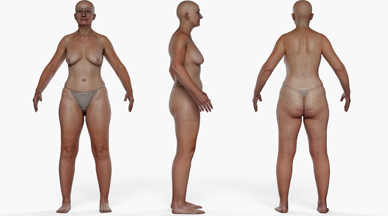 Wireframe topology overlay on a full body 3D scan of an older female, showing quad mesh edge loops